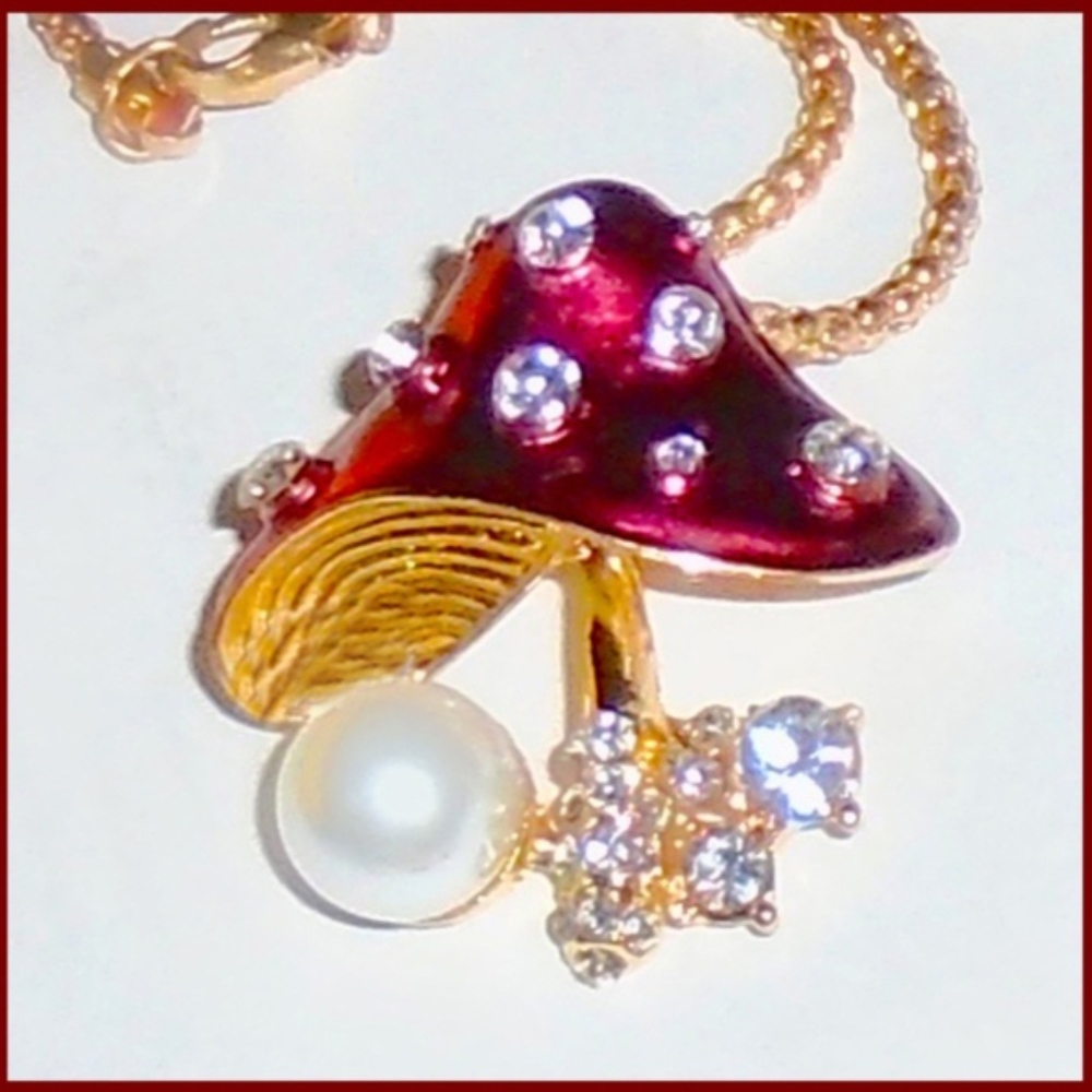 Plum Mushroom Necklace or Brooch -  Crystal & Enamel